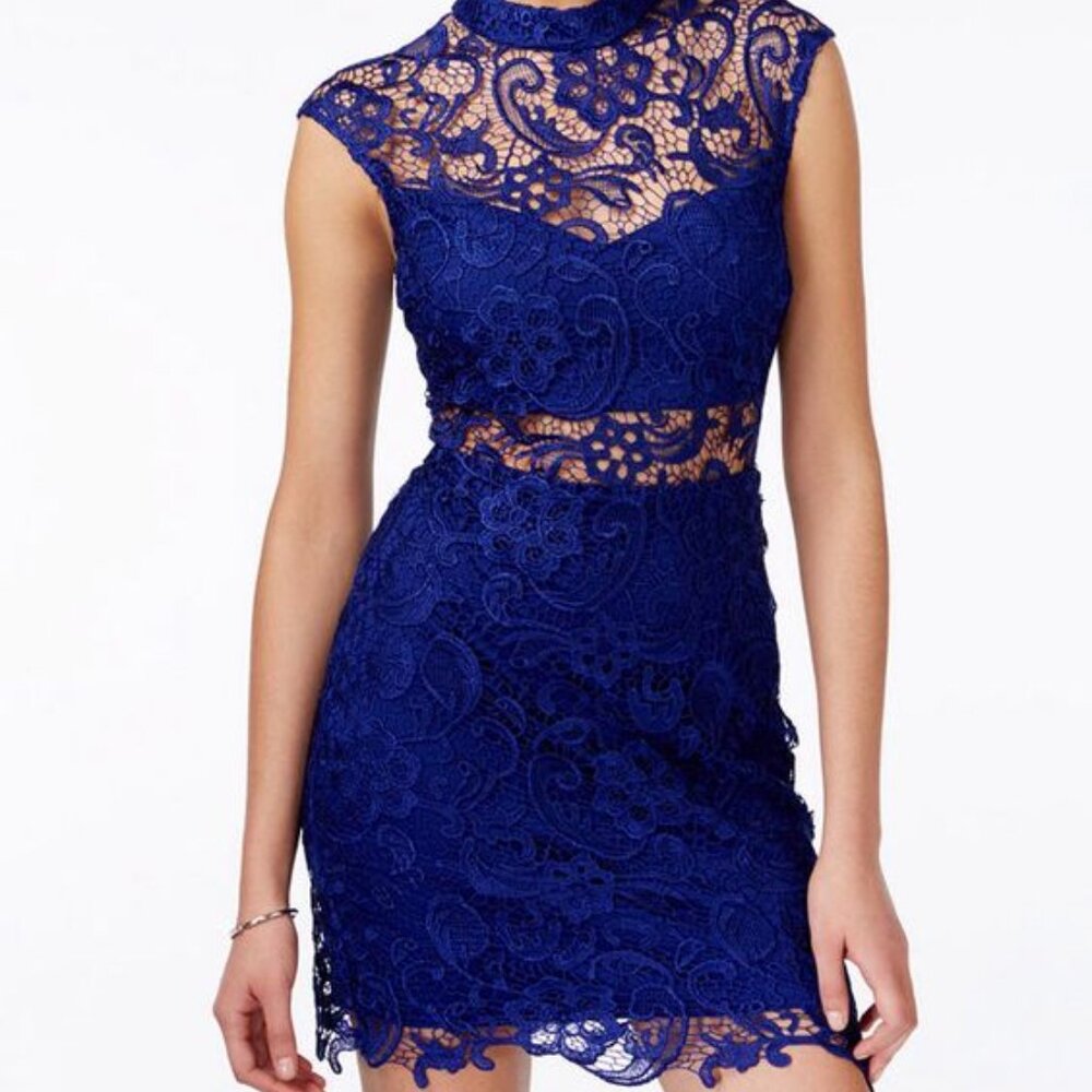 B Darlin Blue Mock-Neck Illusion-Lace Bodycon Dress 7/8 (Women's small)